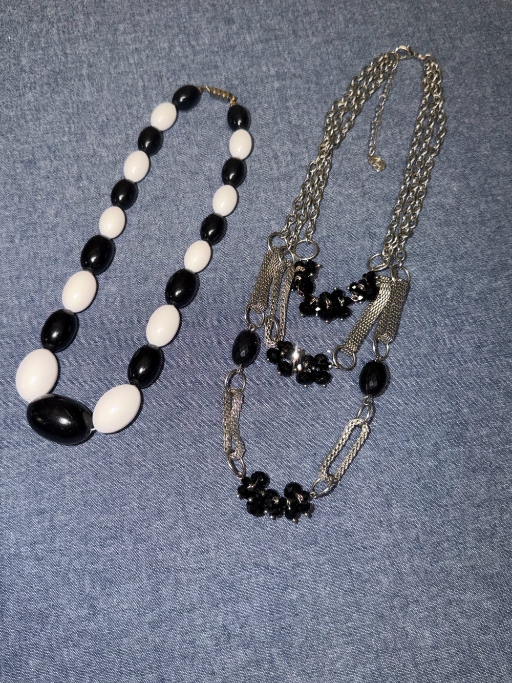Black & White Beaded Statement Necklace and Black & Silver tone layered necklace